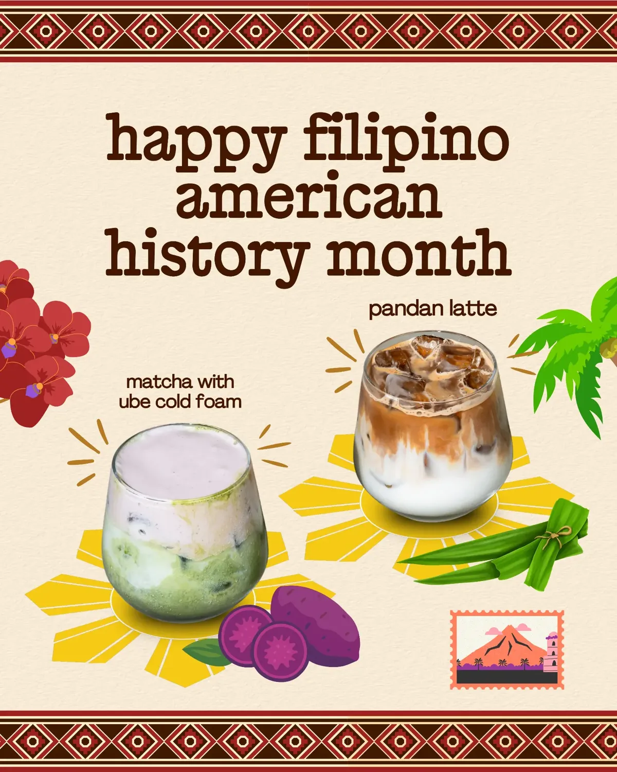 happy filipino american history month — matcha with ube cold foam and pandan latte from cafecito
